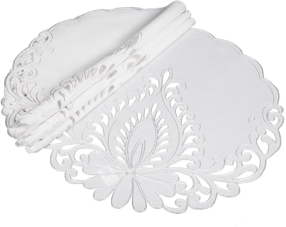 Xia Home Fashions Wilshire Embroidered Cutwork Round Placemats, White, 16-Inch
