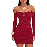 sedmoda Women Sexy Off The Shoulder Dress Long Sleeve Ruched Bodycon Mini Party Dresses