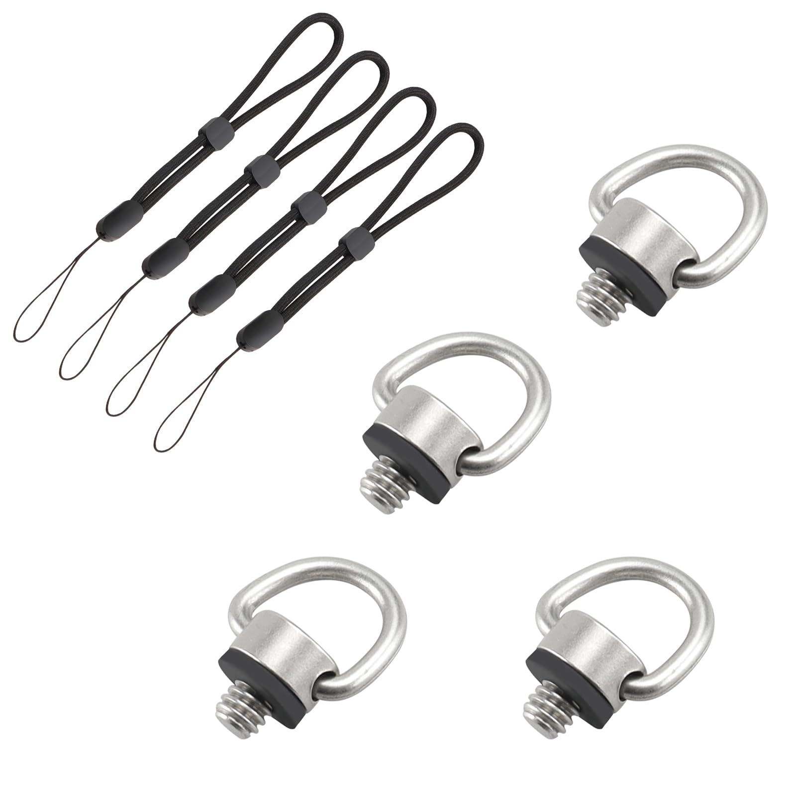 TECDW 4PCS Stainless Steel D Ring Screw With Hand Wrist Strap Sling, 1/4" Mounting Screws, Camera Screw Holder, 1/4-20 Thread Fixing Screws for Selfie Sticks, Tripod, DSLR Cameras (D-Ring)