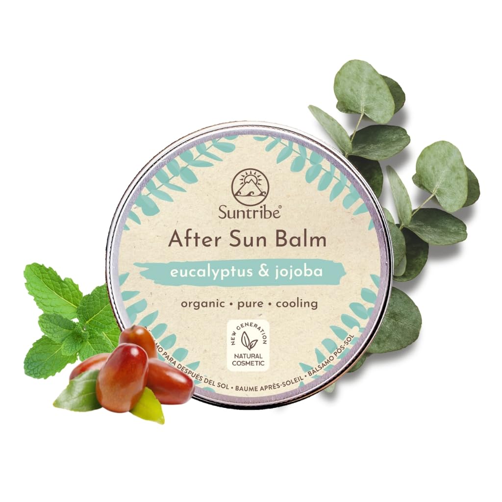 Suntribe Natural After Sun Balm Eucalyptus & Jojoba - 100 ml, 100% Organic & Natural - Peppermint & Eucalyptus Smell (Perfume Free) - Cooling & Soothing - Minimalistic Formula, Zero Waste