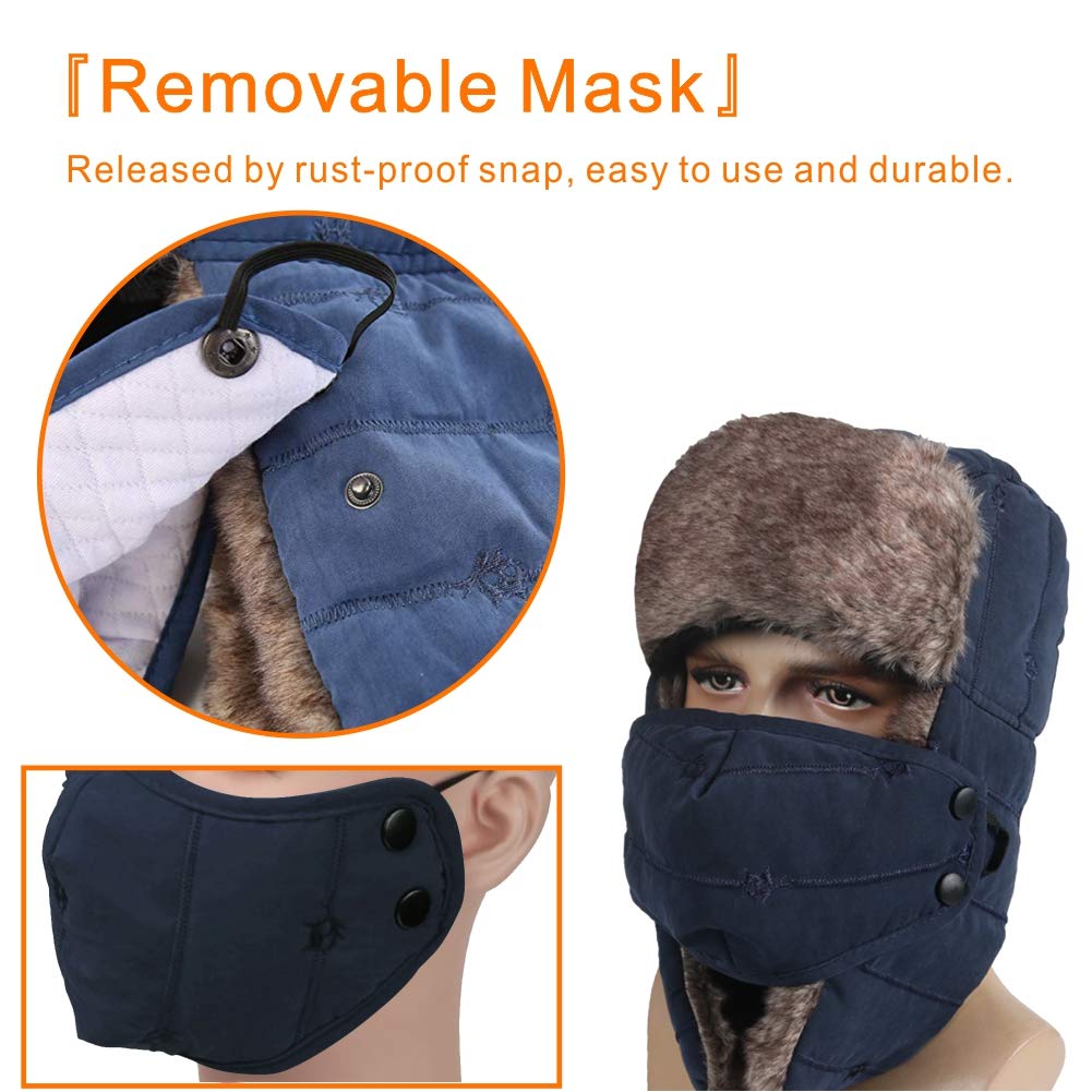 Winter Trapper Hat for Men Women Warm Ushanka Aviator Russian Windproof Hat with Mask,Blue