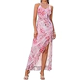 HTZMO Women Summer Floral Sexy V Neck Slit Maxi Dress Halter Tie Ruffle Flowy Casual Boho Beach Party Long Dresses