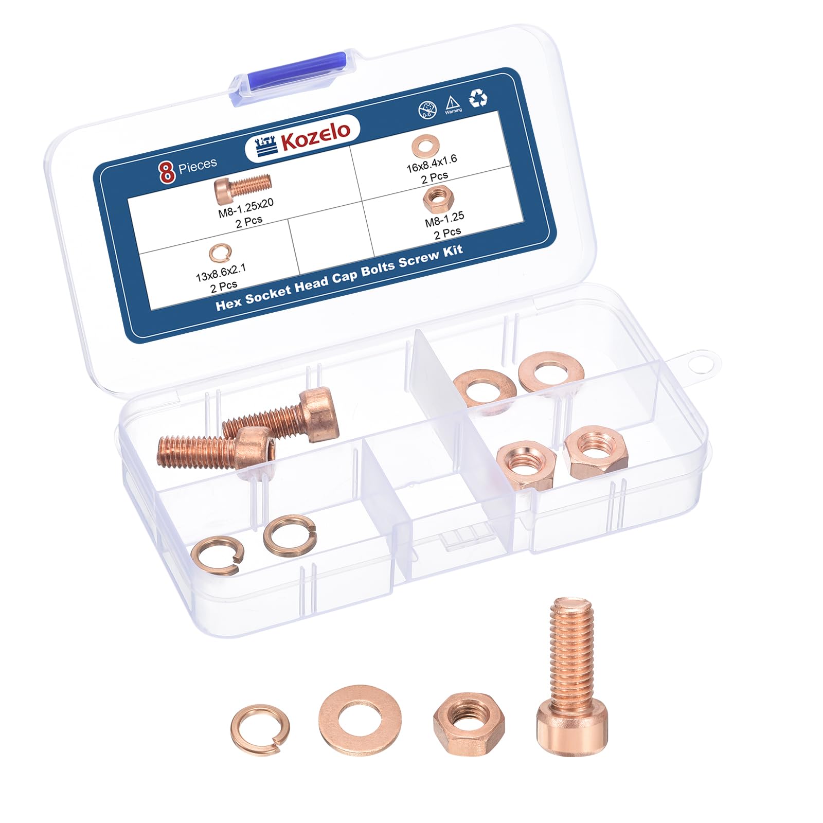 Kozelo 8pcs M8 Socket Head Cap Screws Bolts Nuts Assortment Kit - [M8-1.25x20mm] Red Copper Fully Threaded Hex Screw for 3D Printer Use