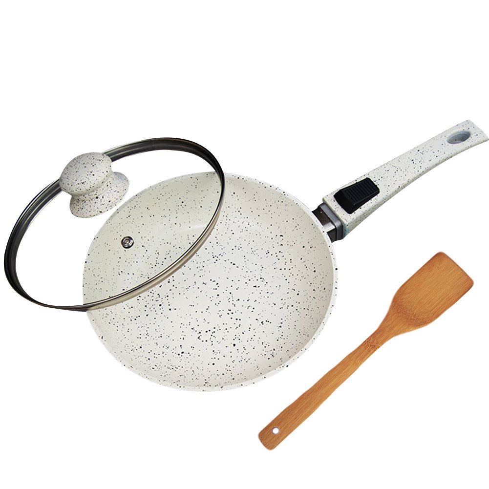 Yzakka Stone Earth Pans with Removable Handle Nonstick 11.8 Inch Frypan Frying Pan with Lid and Wooden Spatula Spoon Stone Core