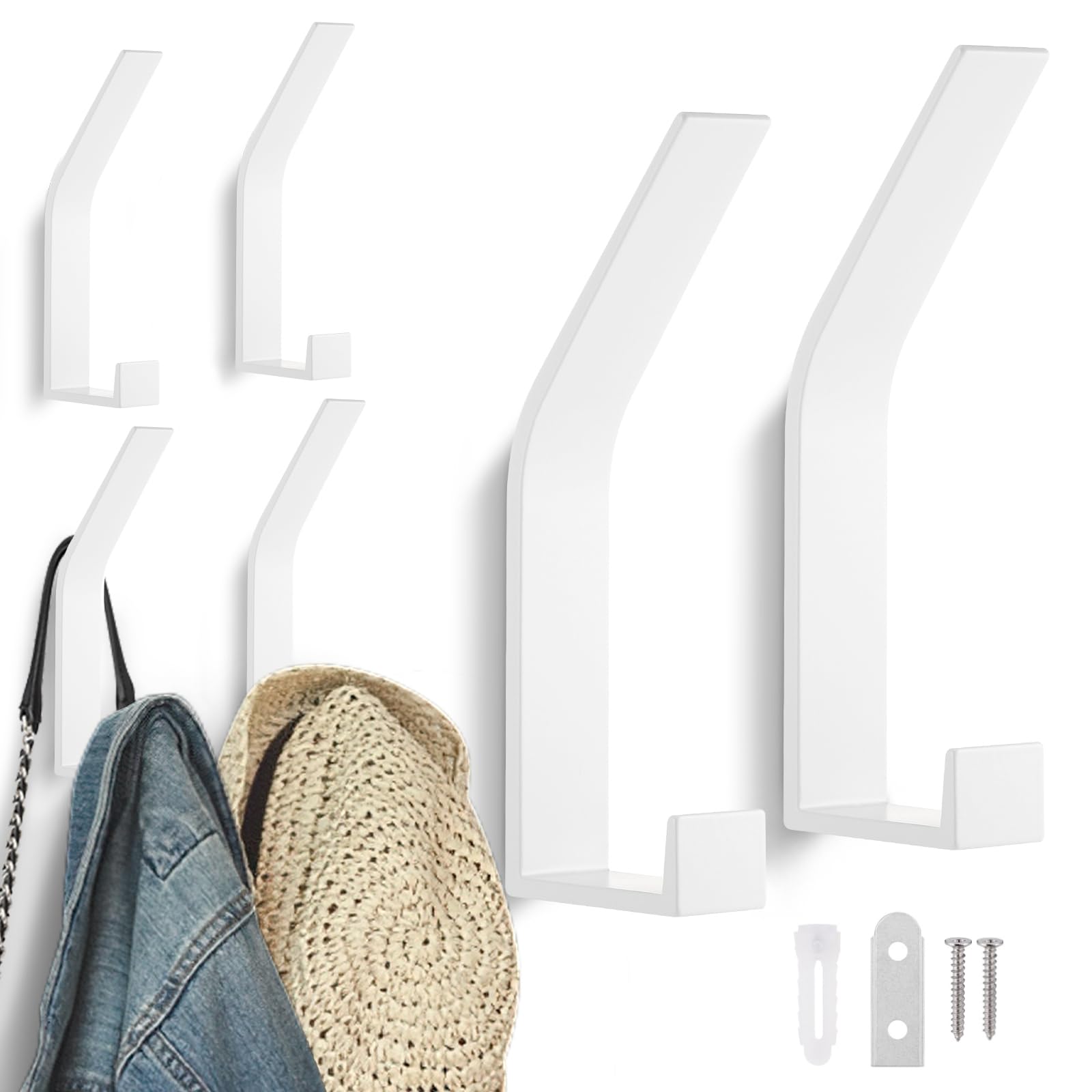 Kssvzz Coat Rack Hooks Wall Mounted, 6 Pack Modern Wall Hooks for Hanging Clothes, Coat, Scarf, Bag, Towel, Key, Cap, Cup, Hat (White, Invisible Screw Design)