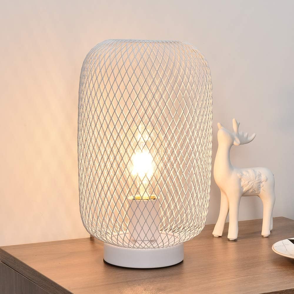 CASILVON Modern Hollowed Out Lamp Shade Bedroom Living Room Small White Side Table Lamp,Simple Design Desk Light with Metal Base