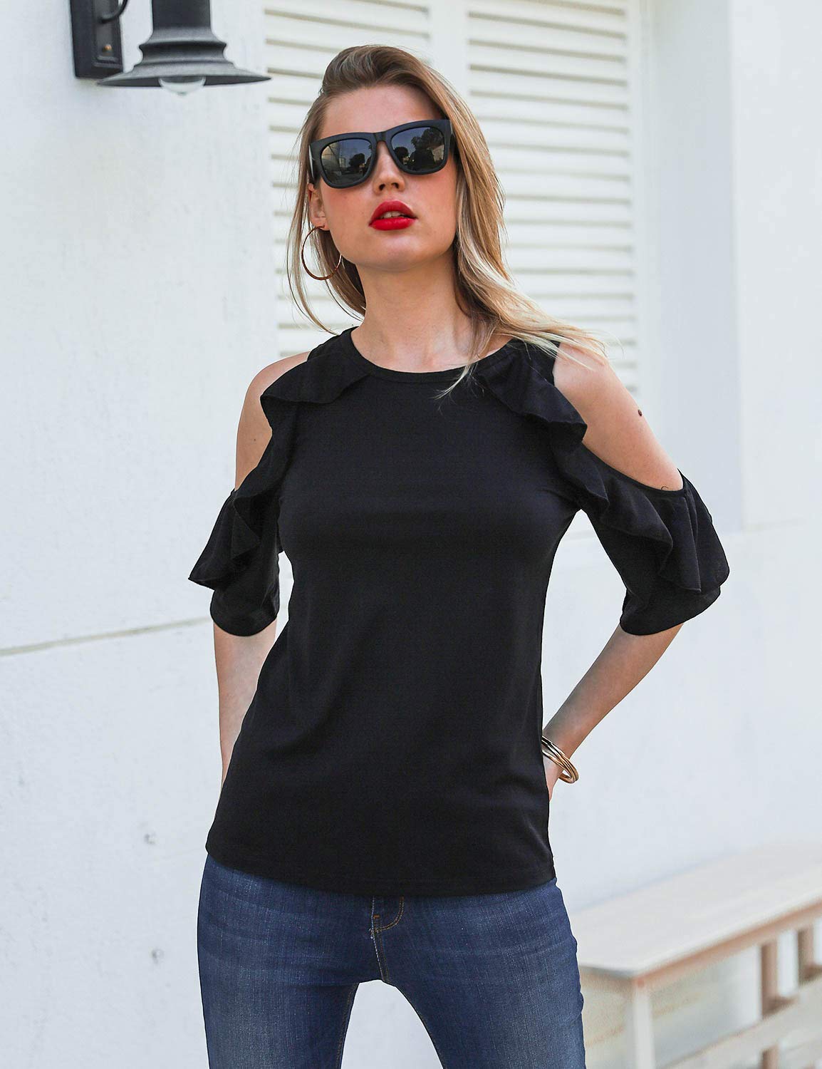 Blooming Jelly Ladies Off The Shoulder Summer Tops for Women Cut Out Ruffle Sleeve Tunic T Shirt Going Out Black,M