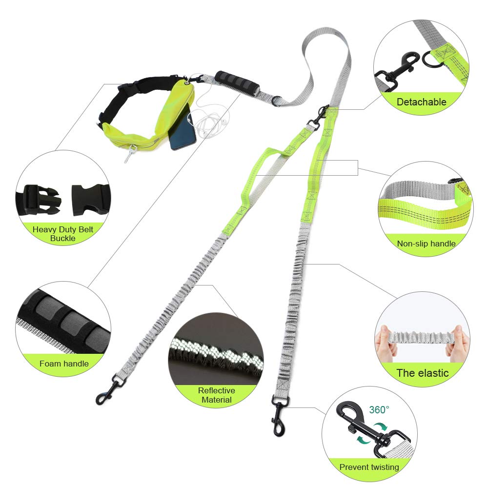Dual Dog Leash Two Dog Lead with Waist Belt Bag Double Dog Leash Retractable Reflective Dog Leash Double Strong for 2 Dogs with Comfort Padded Handle Training Leash for Dogs Walking Running(1.7-1.9M)