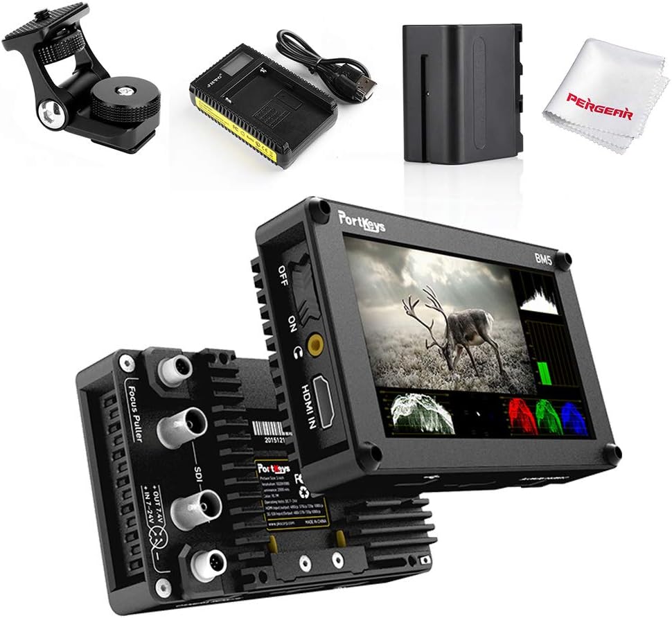 Portkeys BM5 HDMI-SDI 5" Touch Screen Monitor 2000 Nits Brightness, Support 3D Luts Loading, Built-in Camera Control Module, w/Cold Shoe Mount, Battery Kit, USB 3.0 Cable for Controlling Canon DSLR