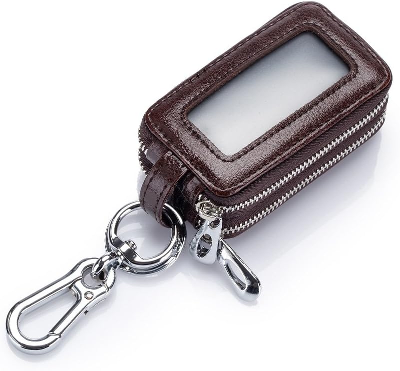 Car Keychain Smart Keycase Genuine Leather Keyring Hook Remote Key Case Key Pouch Double Layer with Zipper Coffee
