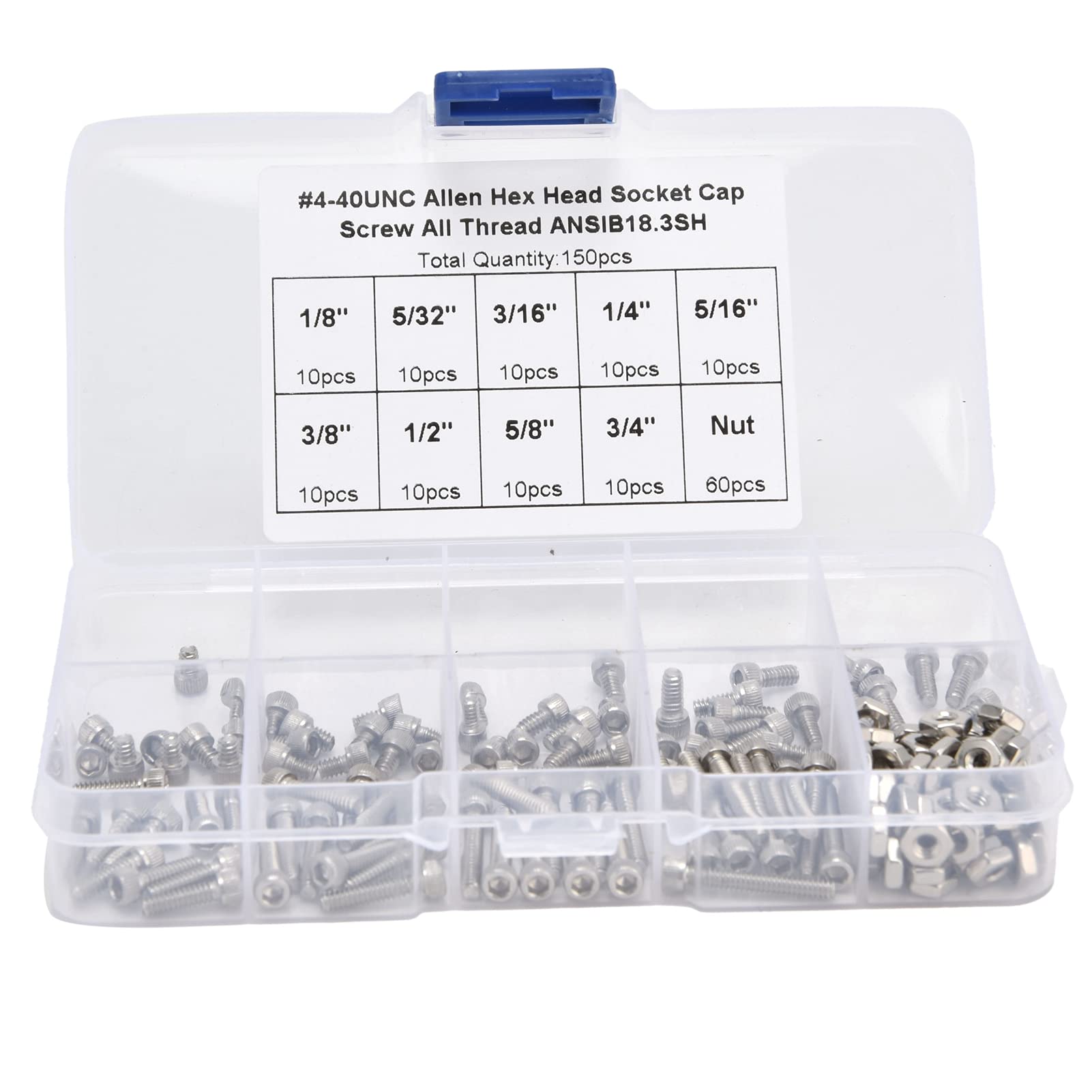 150Pcs Hexagon Hex Screws, 4–40Unc Hex Screw+Nut Kit 1/8" 5/32" 3/16" 1/4" 5/16" 3/8" 1/2" 5/8" 3/4" Length Stainless Steel Bolt Corrosion‑Resistant Industrial Fastening