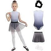 JiAmy Girls Ballet Leotards 4 Pcs with Removable Skirt Gradient Color Dance Dress Outfit Combo Tights Scrunchy 4-12Y