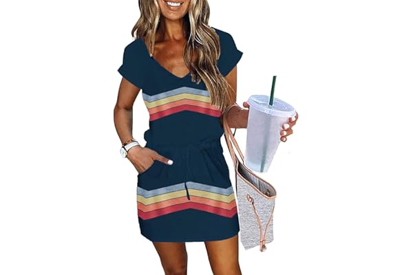Womens Summer Dress Lantern Sleeve V Neck Tie Front Drawstring Mini Dress