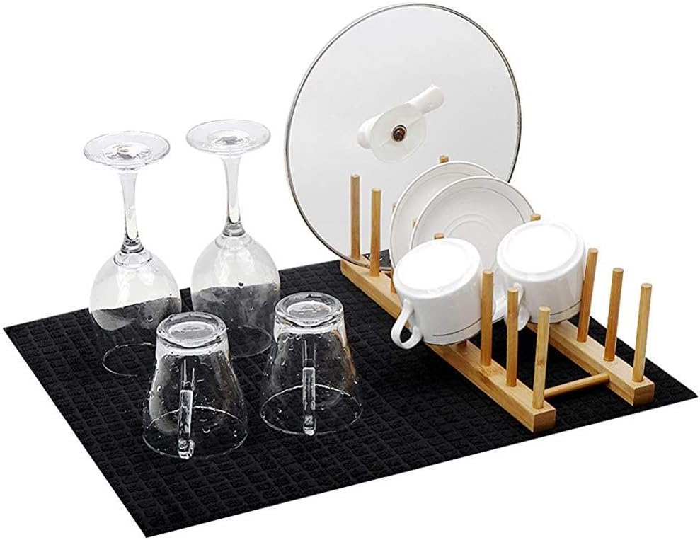 Sungpunet Mat microfiber drying dish and bamboo plate Wash Cup absorber plate kitchen counter Matt Black 38 x 50 cm dry drainer Pad and rack exhaust glass design saves space