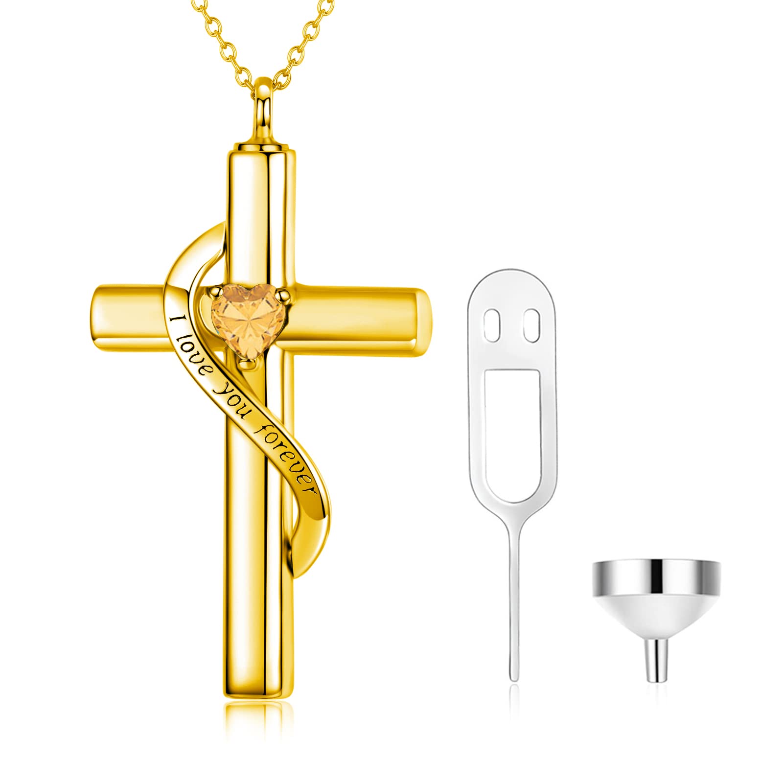 SOULMEET Crystal Cross Necklace for Ashes, Gold Plated Silver I Love You Forever Birthstone November Cross Urn Necklaces for Ashes Keepsake Cremation Jewelry for Pet Human Ashes