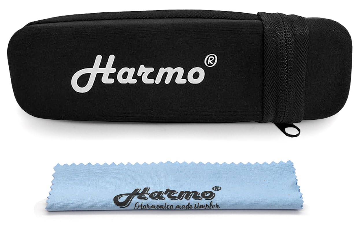 Harmo Harmonica Case for 12 Hole Chromatic Harmonica, Single Harmonica Protective Zippered Carrying Case, Storage Case with Cleaning Cloth - Fits Hohner, Suzuki, Seydel - Designed in USA