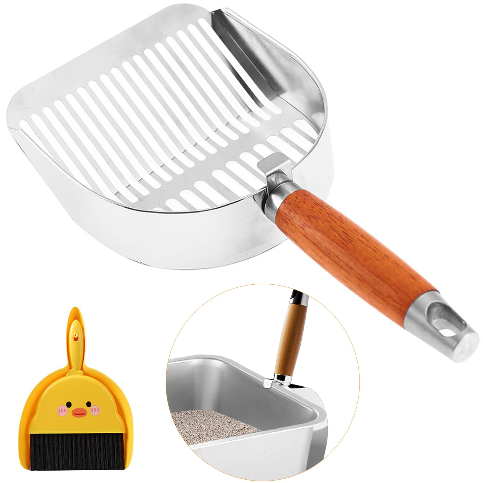 Photo 1 of KOAKOMI Stainless Steel Metal Cat Litter Scoop,Kitten Pooper Lifter with Long Handle, for Litter Box,with Small Broom & Dustpan,for Quick Cleaning