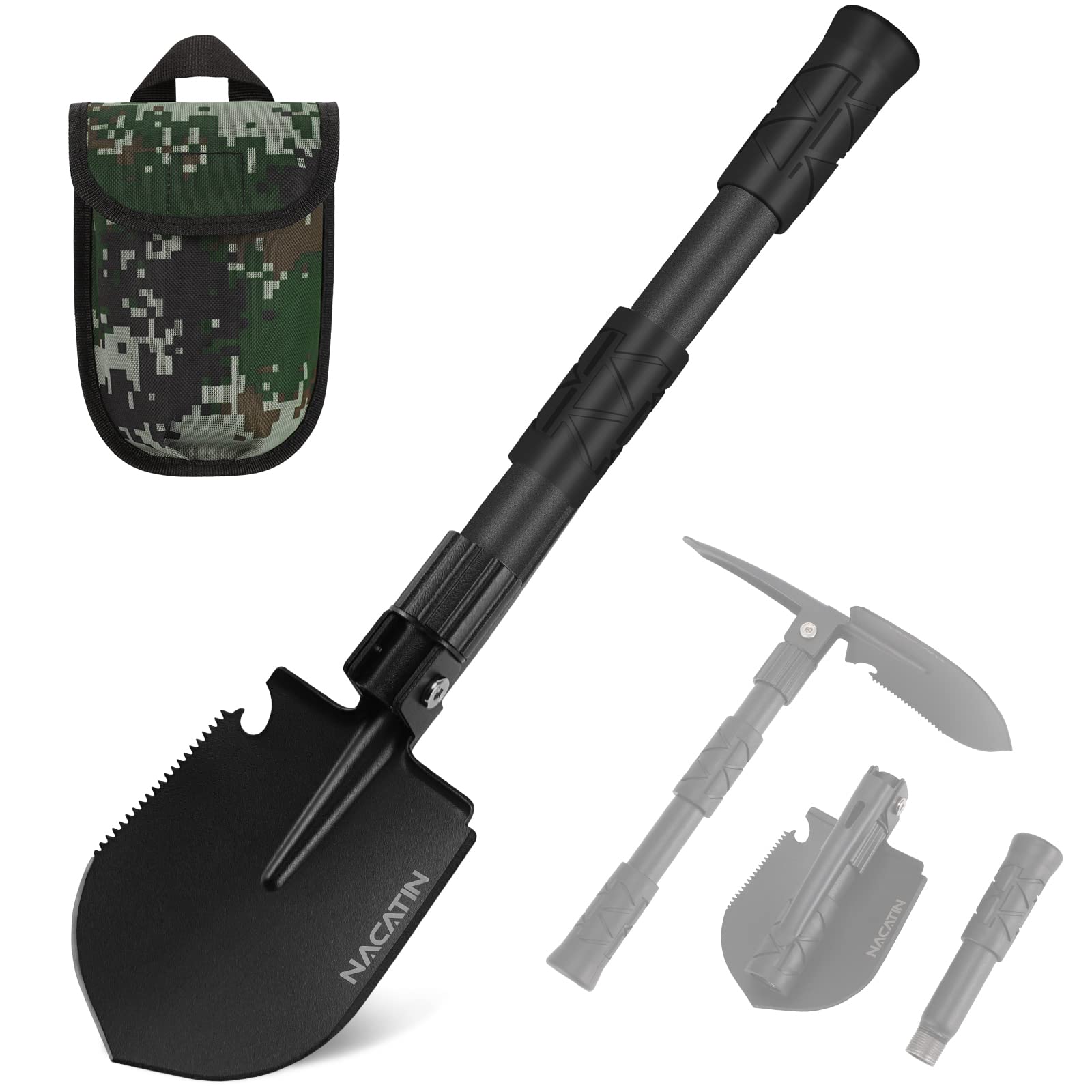NACATIN Folding Shovel: 9-in-1 Survival Shovel for Camping, Car Emergency & Outdoor Digging | Portable Multi-Tool with Pouch