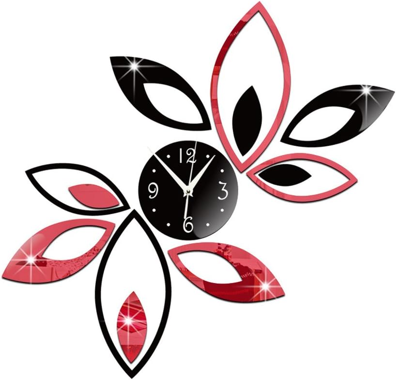 SZTARA Modern Design Art Wall Stickers 3D Flower Lotus Clock Wall Stickers Decal Decoration Home Office DIY Removeable Stickers Black and Red 36cm×35cm/14.17"×13.78"