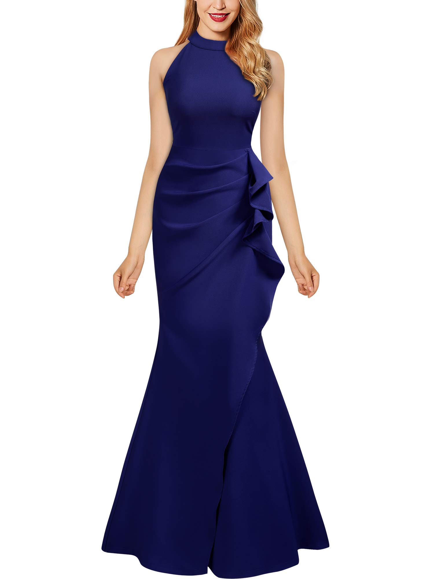 Knitee Women's Halter Neck Sleeveless Pleated Ruffles Evening Party Maxi Cocktail Long Dress