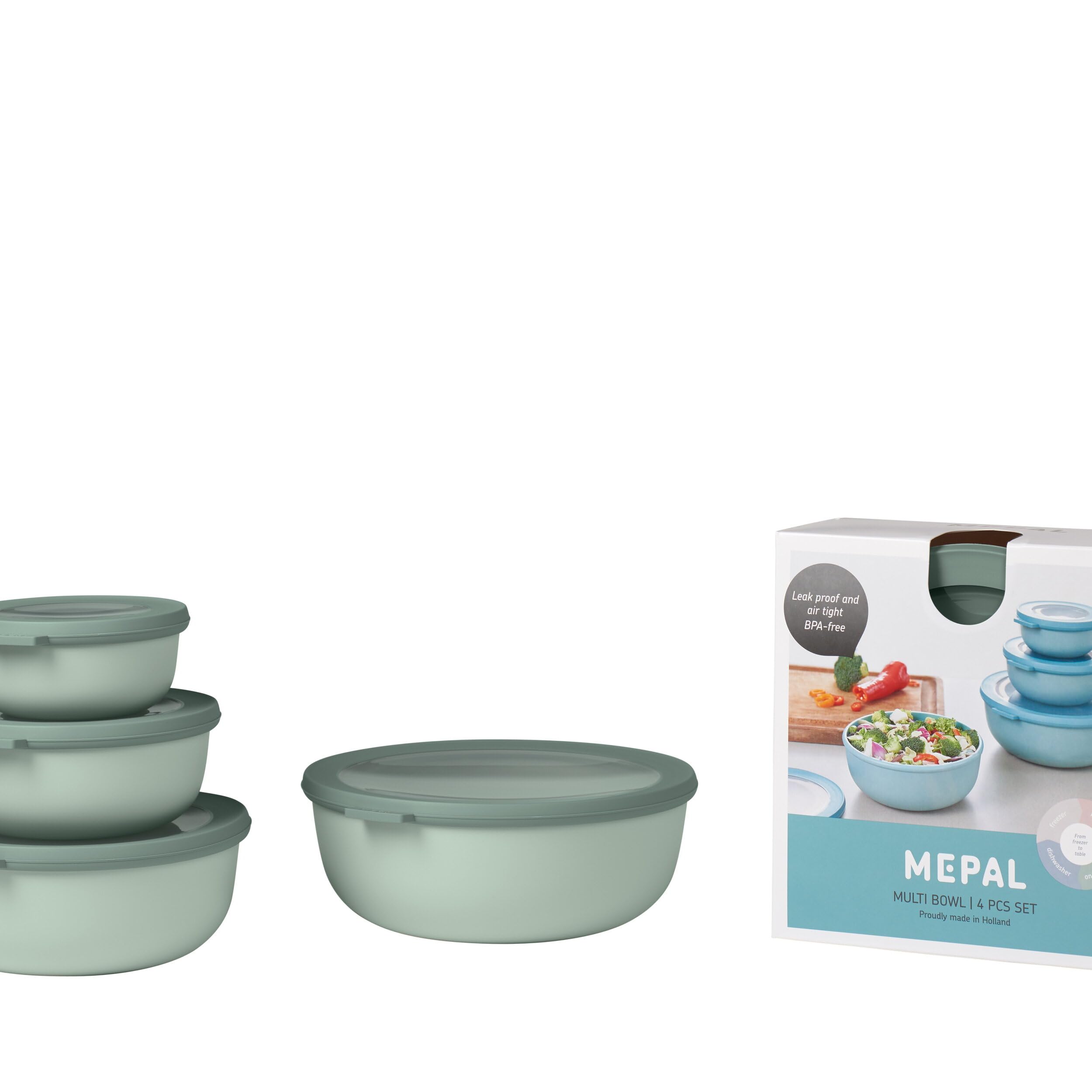 Mepal, Cirqula Set of 4 Multi Food Storage and Serving Bowls with Lids, Food Prep Containers, Shallow, Nordic Sage, 1 each (12oz, 25oz, 42oz,76oz), 1 Set