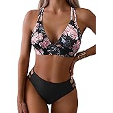 Fanuerg Women's Sexy V Neck Bikini Sets Hollow Out Two Piece Swimsuits Cutout Mid Waist Bathing Suit