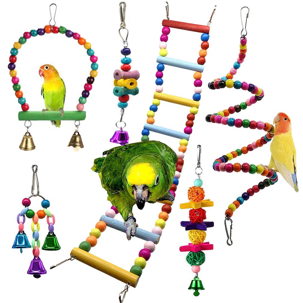 JasCherry 6Pcs Parrot Swing Chewing Grinding Shredder Colourful Toys Set - Small Bird Bell Toys for Cage Hanging - Wood Rope Ladder for Small Parakeets, Cockatiel, Budgie, Finches and Love Birds #2