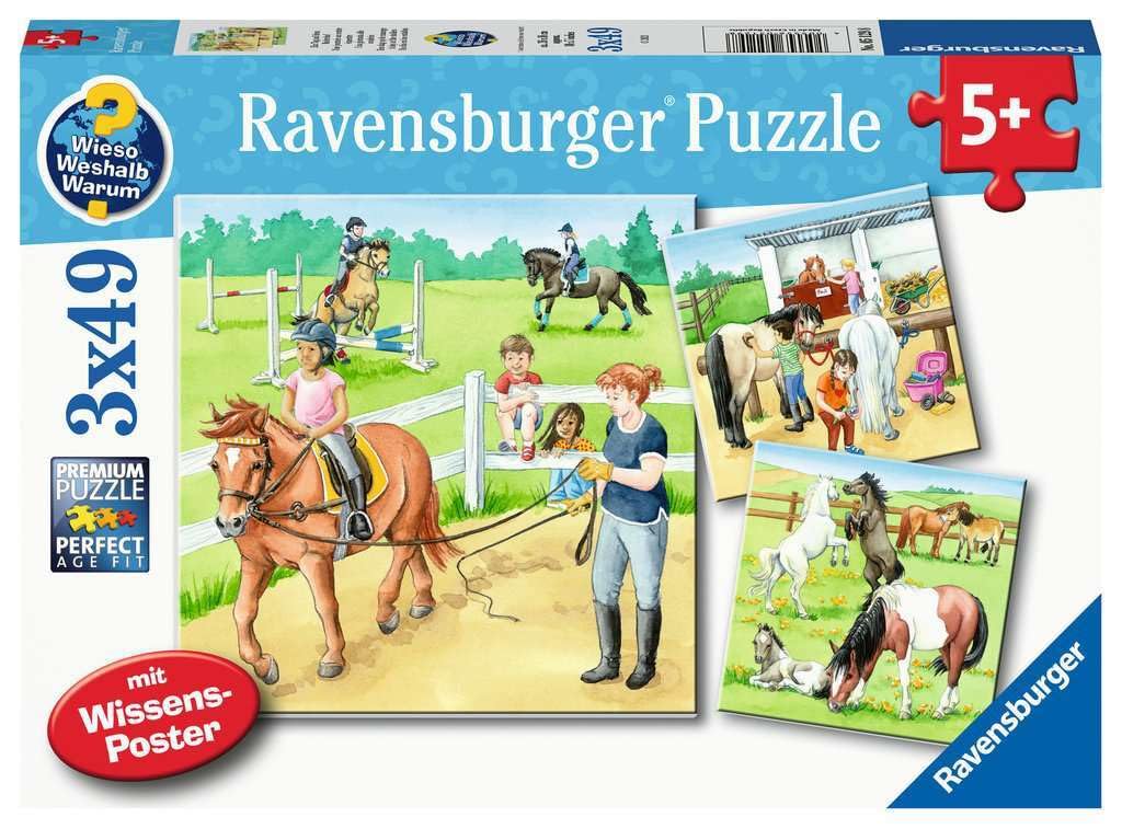 Ravensburger 05129 Children's Puzzle "A Day at the Riding Yard" 3 x 49 Pieces Wieso? Weshalb? Warum? Puzzle for Children from 5 Years
