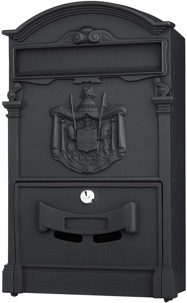 Bakaji 2832142 Wall Post Box Cast Aluminium Letterbox for Outdoor Post with Key Vintage Design, Black