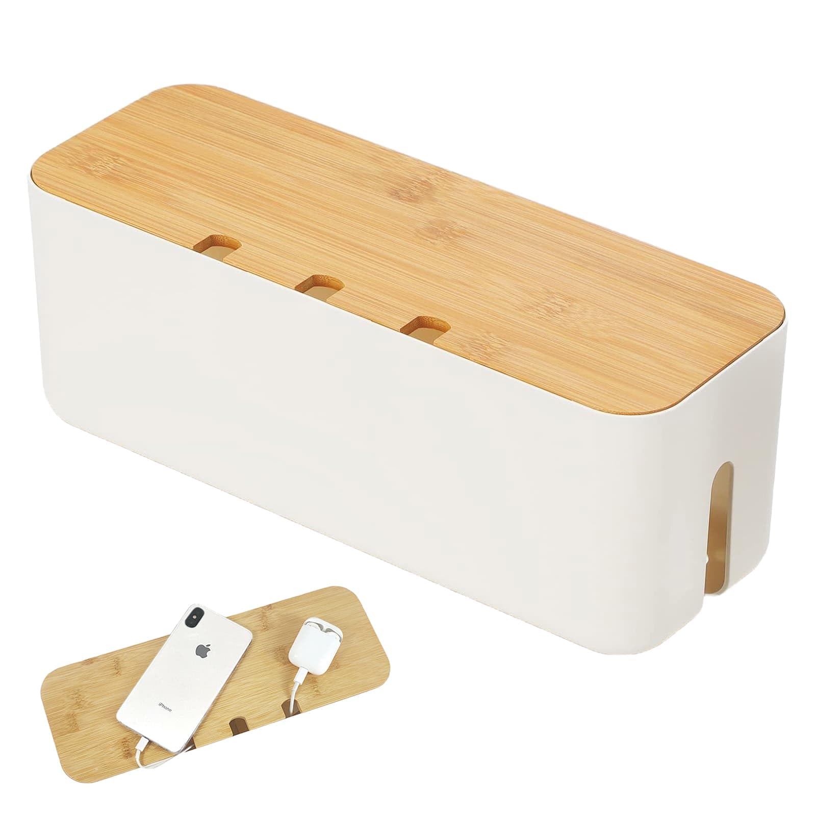 Cable Tidy Box, Larger Cables management box with Wooden Lid, Hide and Conceal Extension Blocks and Electrical Cables, Desk Cable Management, TV Wire Tidy, 36 x 13 x 13 cm (White)