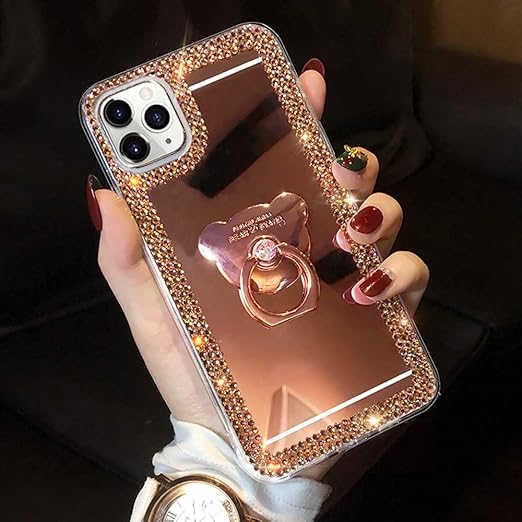 Amazon Com Luvi For Iphone 11 Pro Max Case Makeup Mirror Glitter Bling Rhinestone Diamond Crystal Cute Cover With Ring Holder Finger Grip Stand Kickstand Cute For Girls Women Case For Iphone 11