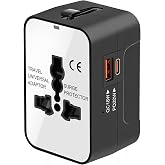 Travel Adapter, Worldwide All in One Universal Power Plug Adapter, White | USB-C &amp; USB-A Quick Charge, PD 3.0 Type C GaN Fast Charging, International AC Wall Charger Converter, for Europe USA UK AUS