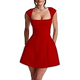 LuFeng Women's Square Neck Cap Sleeve Fully Lined Mini Dress Zipper A Line Party Club Dresses