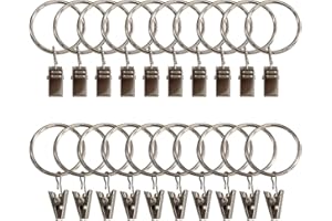 20Pcs Metal Curtain Rings with Clips, 32mm/1.26in Inner Diameter Shower Curtain Rings with Metal Clips and Hooks, Heavy Duty 