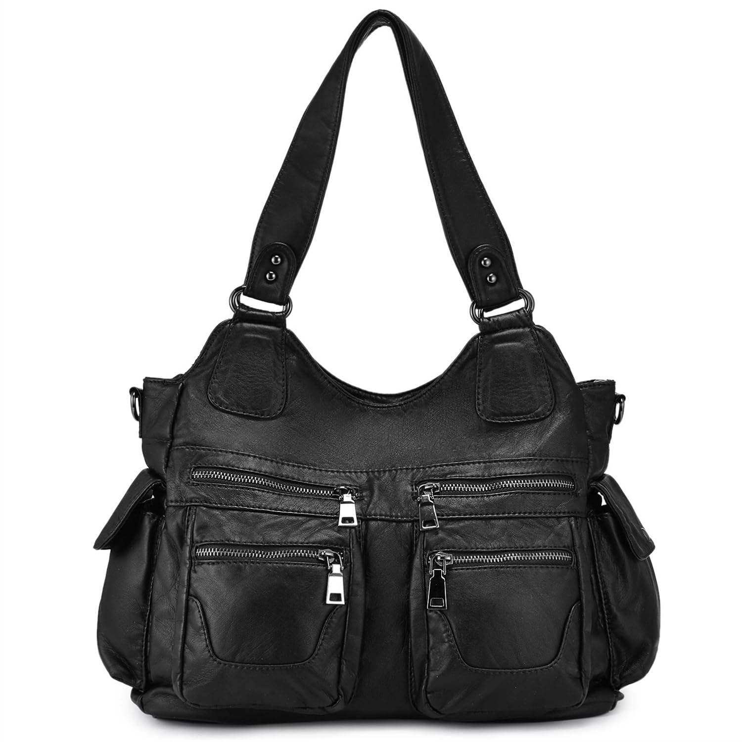 BAIGIO Ladies Handbag Soft Washed Leather Hobo Shoulder Bag Cross Body Top-Handle Purse For Women with Detachable Shoulder Strap (#A-Black)
