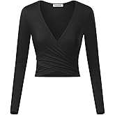 VETIOR Women's Sexy Deep V Neck Short Sleeve Unique Slim Fit Cross Wrap Shirts Crop Tops Going Out Tops