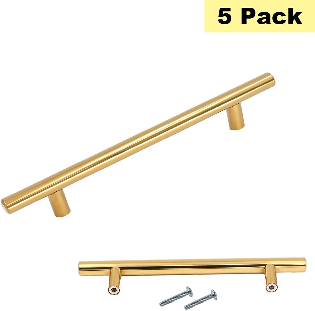 5inch Polished Brass Drawer Pull Cabinet Handles - 5Pack Peaha PH201PB128 Gold Kitchen Door Hardware Drawer Dresser Knobs Stainless Steel 7-1/2inch Overall Length