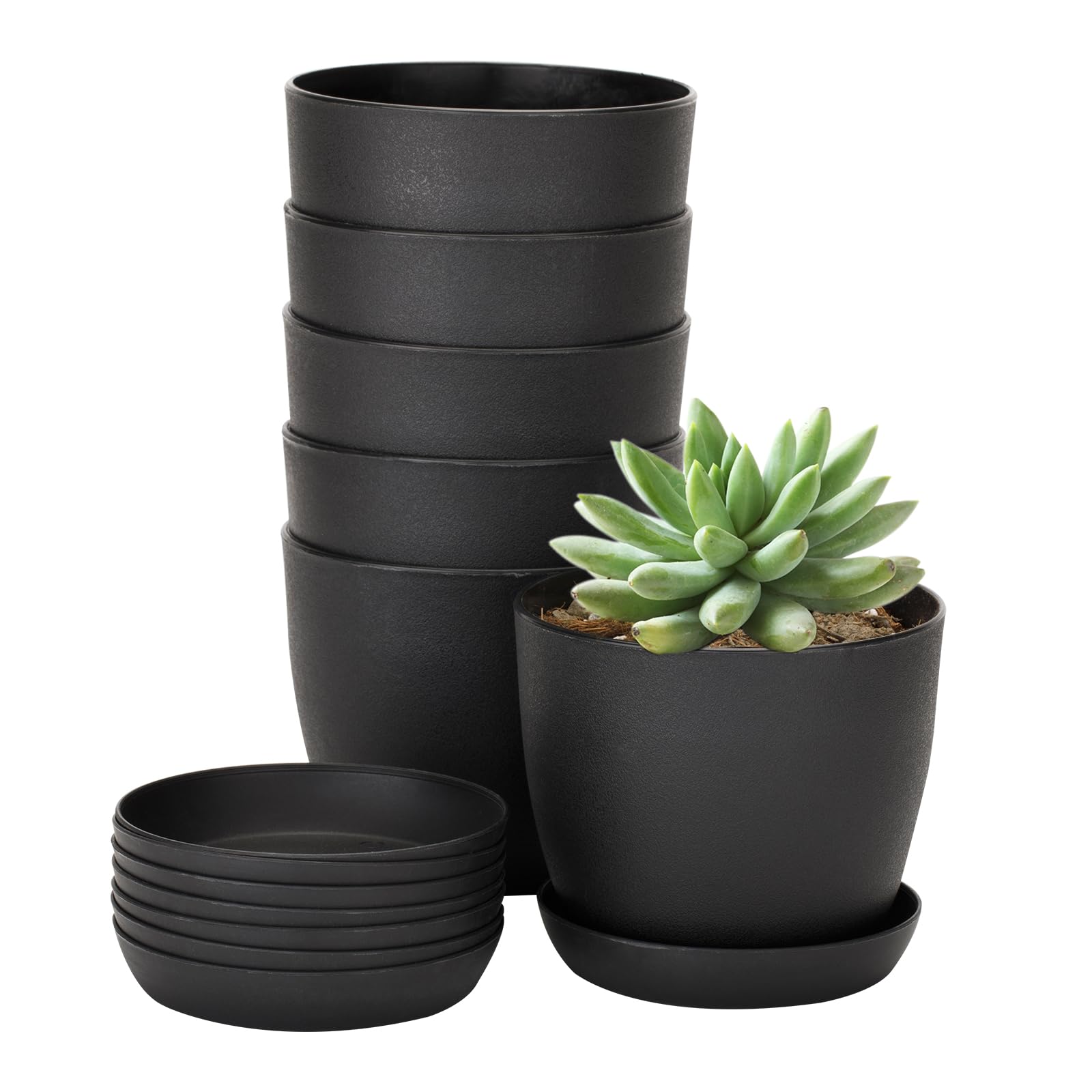 KINGLAKE 8Pcs Small Black Plant Pots Indoor 10cm Plastic Flower Pots Decorative Nursery Pots with Trays for Cuttings Succulent Cactus House Plants Herbs