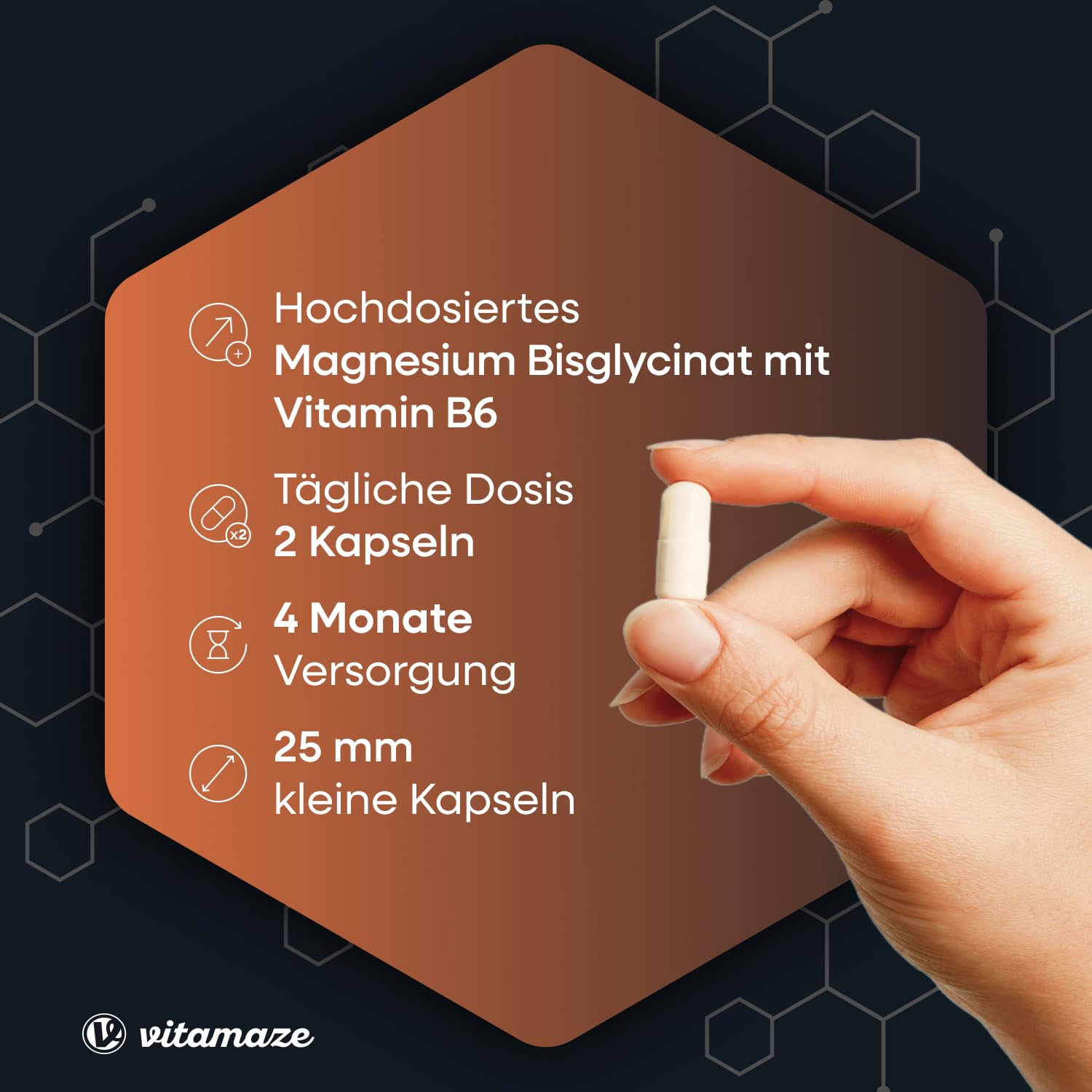 Vitamaze Magnesium Bisglycinate mit Vitamin B6, 240 Kapseln für 4 Monate, 150 mg Magnesium pro Kapsel, Nur 2 Kapseln pro Tag, Vegan, Made in Germany 3