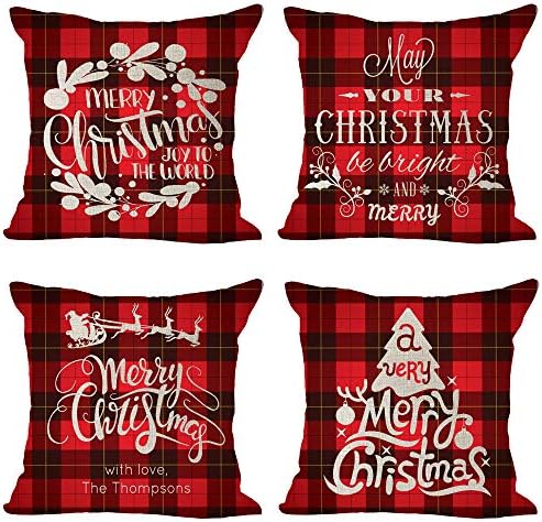 Set of 4 Merry Christmas Joy to The World May Your Christmas Be Bright and Merry Pine Sled Reindeer Plaid Pattern Cotton Linen Square Throw Pillowcase Decorative Cushion Cover Sofa 18x18 inches