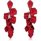 1 Pair Long Acrylic Rose Petals Earrings, Large Red Earrings for Women, Red Flower Earrings Dangle Statement Layered Floral Petal Earring for Wedding Holiday Festive Costume Gift