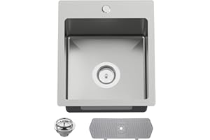 KOARDINK Kitchen And Bar Sink, 15x17 Inch Stainless Steel Drop In Kitchen Sink Modern Single Bowl Topmount Bar Sink Combo-Silicon Mat,Drain Strainer Set Compatibility With Various Kitchen & Bar Style