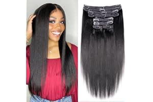 Mihugass Yaki Straight Clip in Hair Extensions For Women 100% Unprocessed Brazilian Virgin Hair clip ins Yaki Straight Clip on Hair Natural Black 8pcs with 18Clips Per Set 120G (18 Inch)