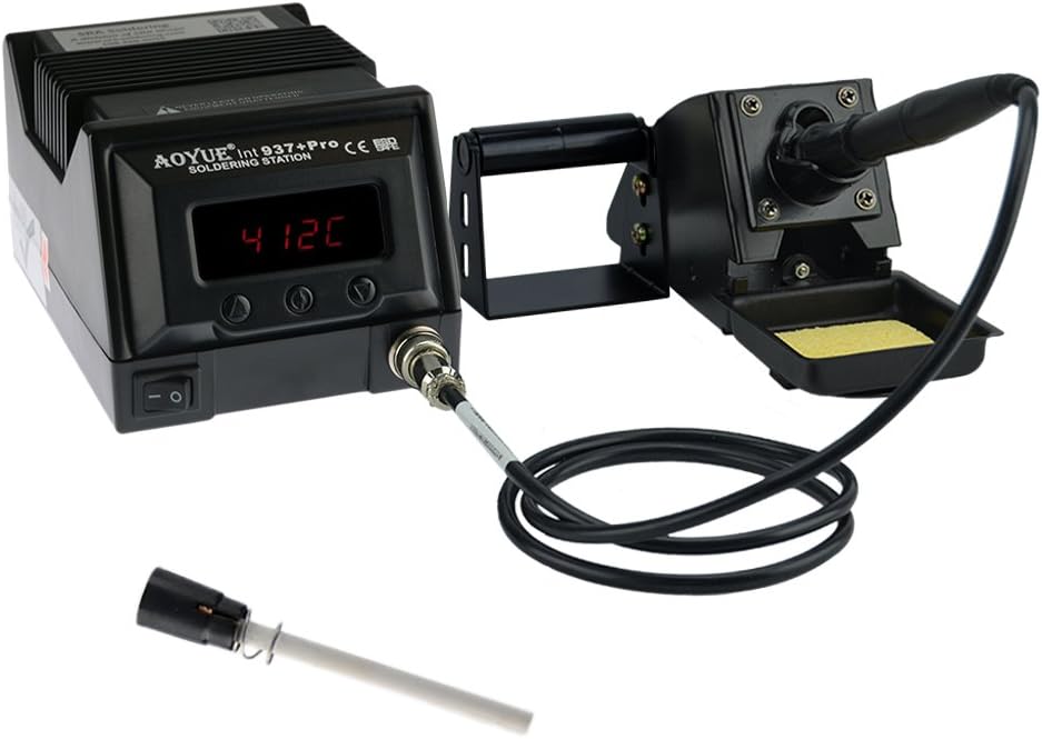 Aoyue 937+ Pro Series 45 Watt Programmable Digital Soldering Station-ESD Safe, C/F Switchable, Configurable Iron Holder, Spare Plug-in Heating Element