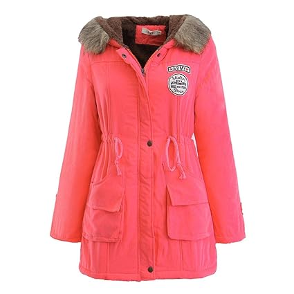Emmay Frauen Langer Mantel Pelzkragen Kapuzenjacke Schlank Wesentlich Winter Parka Outwear Jacken Sweatjacke Winterjacke Flee