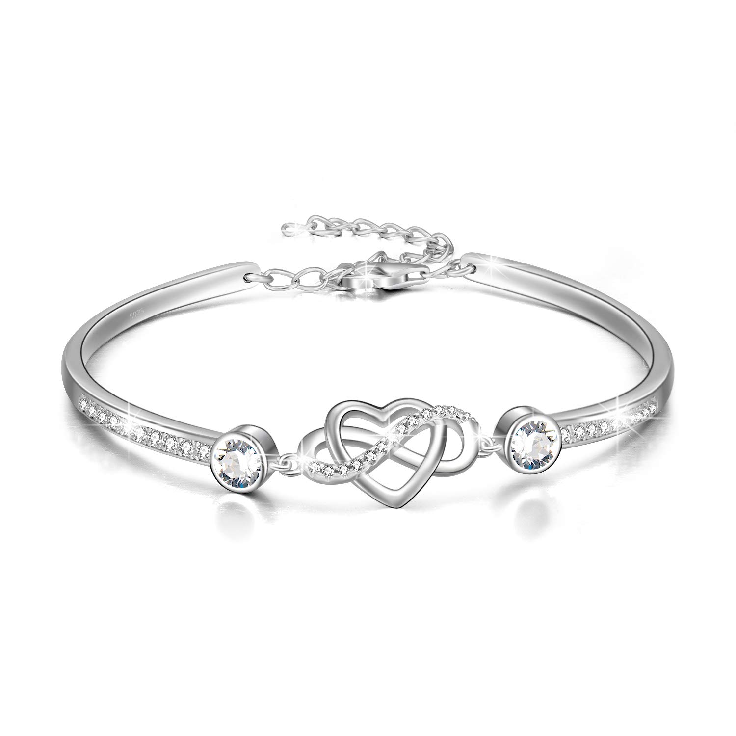 AOBOCO Infinity Bracelet Sterling Silver Love Heart Adjustable Bangle Bracelet with Birthstone Crystals, Friendship Wedding Anniversary Birthday Gifts for Her Women Wife Girlfriend Mum (White)