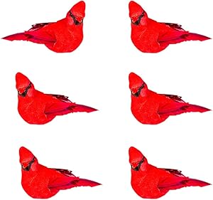 OHJ Christmas Cardinal Floral Red Artificial Feathered Birds on a Iron Wire Xmas Tree Ornaments Craft Decorations for Home Garden Wedding Decor Pack of 6
