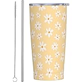 CHASOEA Daisy Tumbler 20oz Floral Stainless Steel Insulated Tumblers with Lid and Straw Yellow Travel Coffee Mug Tea Wine Cups Water Bottle Daisy Gifts for Women