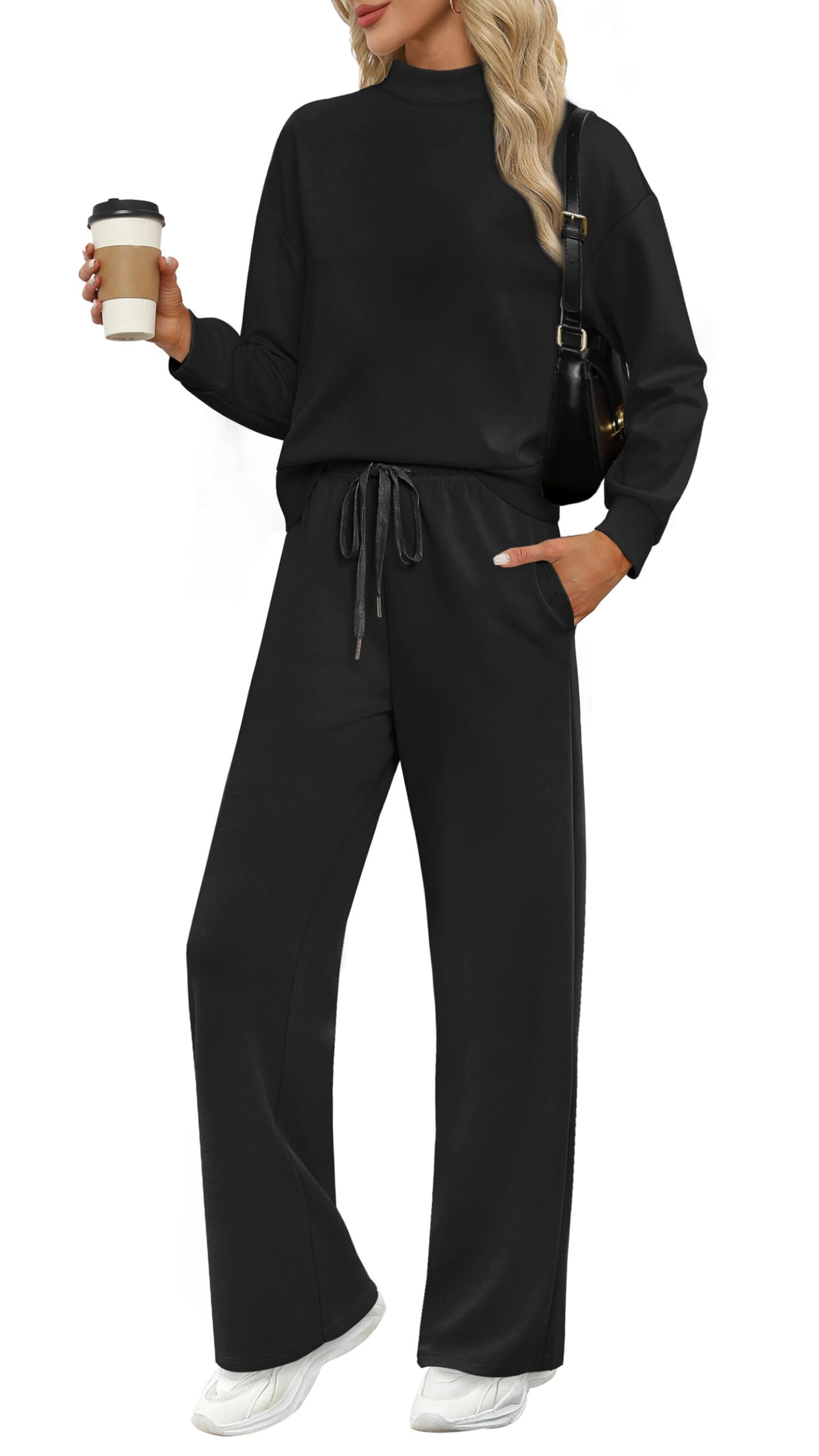 Photo 1 of WIHOLL Women's 2 Piece Sets Black Medium Long Sleeve Lounge Sets Matching Sets Business Casual Vacation Travel Airport Outfits Resort Wear Loungewear Spring Tracksuit