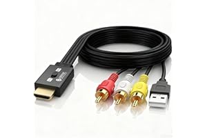 eSynic RCA to HDMI Cable Converter 3D 1080P@60Hz–1.5M/5FT Long AV Cable to HDMI Adapter-Plug & Play With 4:3/16:9 Aspect Ratio Switch Support NTSC/PAL for VCR/DVD/VHS to Modern TV [Not Bi-Directional]